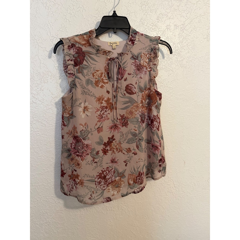 Lily White Mauve Floral Ruffle Neck Sleeveless Chiffon Blouse Small Cottagecore